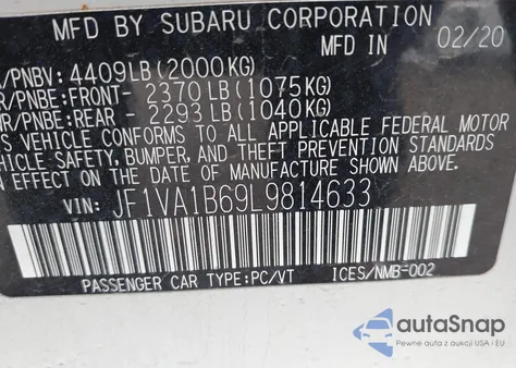 2020 Subaru Wrx Premium from USA, damaged, VIN JF1VA1B69L9814633